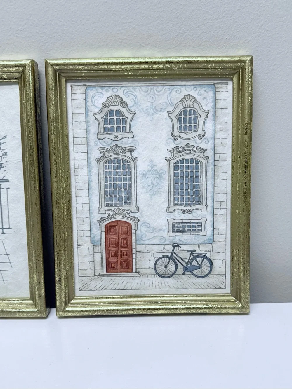 Set of Two Gold-Framed Art Prints - Café Patio and Townhouse Scenes, New!